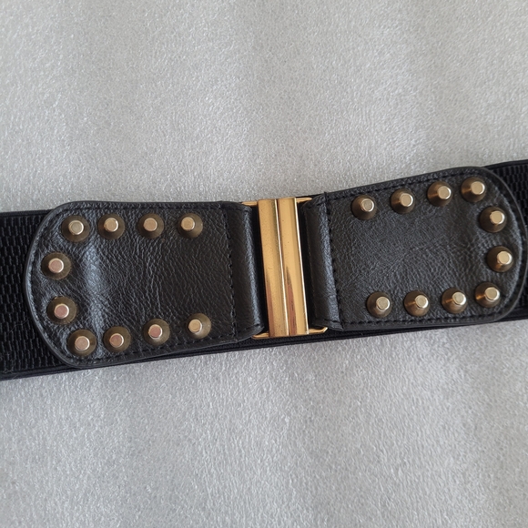 Studded Elastic Waist Belt Faux Leather with Gold Buckle - Picture 2 of 11
